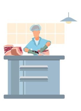 Meat processing plant flat composition with factory kitchen equipment with worker in uniform carving meat vector illustration