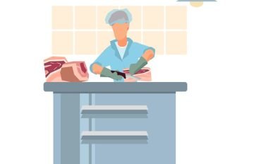 Meat processing plant flat composition with factory kitchen equipment with worker in uniform carving meat vector illustration