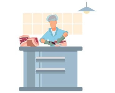 Meat processing plant flat composition with factory kitchen equipment with worker in uniform carving meat vector illustration
